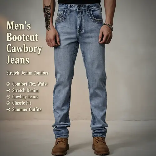 Men's Stretch Spandex Cowboy Jeans, Vintage Blue Wash Bootcut Pants, Classic Casual Fit for Summer Trendy Outfits Vintage Clothing Men Casual Fashion Denim