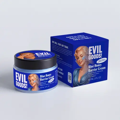 EVIL GOODS Blue Honey Barrier Cream - Lightweight Grape Serum Moisturizer with Copper Peptide, Niacinamide, Hyaluronic Acid for Dry, Dull, Normal Skin - Evening Moisture Boost (2 oz)