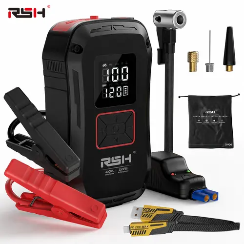 RSH 12V Cordless Car Jump Starter with 4000A Batteries, 150PSI Fast Tire Inflation, 12000mAh Power Bank, LED Light, Lithium Ion