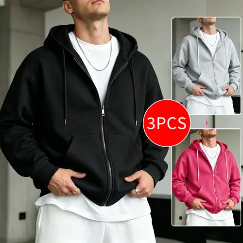 3 PCS Men’s Full Zip Hoodies — soft, loose basic hooded jackets; multicolor casual hoodies for daily commuting, outdoor activities, and stylish wear