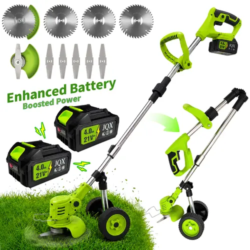 JQX 21V Brushless Cordless 3-in-1 Grass Trimmer - Women's Lightweight Garden Tool with Adjustable Pole, Multi-Blade System, Lock-Off Safety, Protective Grass Guard, Dual-Wheel Balance for Brush Cutting & Lawn Maintenance