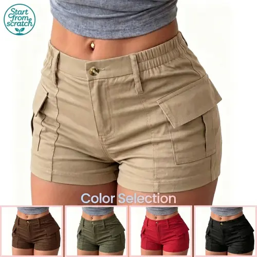 Women’s high-waisted multi-pocket cargo shorts — slim-fit casual outdoor hiking shorts, machine washable for convenience, breathable and comfortable design, stylish workwear with a modern look, suitable for hiking and leisure.