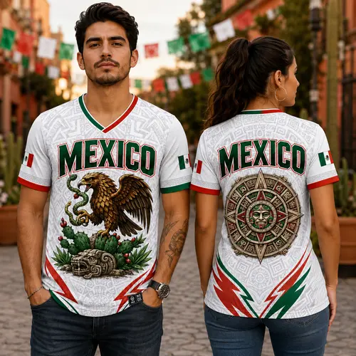 Men's Mexico Graphic V-Neck Short-Sleeve T-Shirt - Aztec Eagle Front, Calendar Back Mask Print, Outdoor Streetwear, Party Letters, Casual Game Day Sports Top