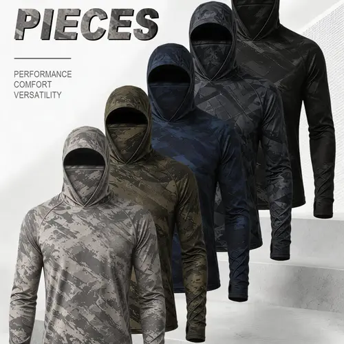 5-Pack Men’s Camouflage Balaclava Hooded Long-Sleeve Shirts, UPF Sun Protection Tactical Athletic Tops with Face Mask and Thumb Holes,travel essentials,camping essentials