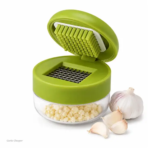 Manual Garlic Chopper, Mini Garlic Press Cutter with Stainless Steel Blades & Clear Collection Cup, Compact Kitchen Garlic Mincer for Garlic, Ginger, Onion & Chili, Easy-Press Food Prep Tool, Green