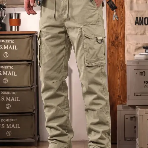 Men's scratch-resistant and breathable hiking pants, loose straight-cut tactical cargo pants, featuring a combination of multi-functional zippered pockets and side flap pockets, durable sports and casual pants, suitable for fishing, hiking, work training