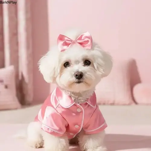 Soft Silk Pet Nightwear Set - Fashion Puppy Clothes with Bow Headband, Cozy Casual Pink Outfit for Small Dogs/Cats, Easy-Wear PVC Accent Apparel for Daily/Everyday Comfortable Nights