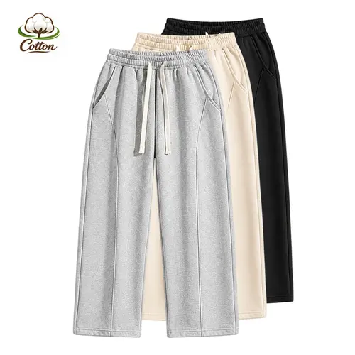 Autumn-Winter Men's Warm Solid-Color Patchwork Adjustable Drawstring Waist Sweatpants - Simple Cut, Soft, Casual Comfy Sporty Polyester Clothing for Everyday Wear, Commuting (Women-Friendly)