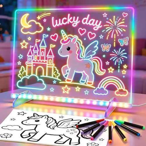 Light Drawing Plate for Kids, 16" Light up Note Board with Color, 13 Glowing Effects and 4 Brightness Levels, Light Up Drawing Pad with 7 Markers&Tracing Paper, Birthday Gifts for Kids Age 4+