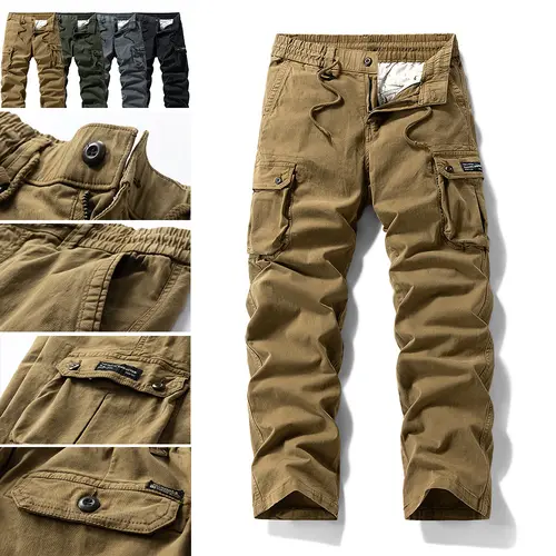 Men’s Plain Washed Tactical Cargo Pants - Menswear, Elastane, Mid Waist, Loose-Fit, Durable, Wear-Resistant, Breathable, Multi-Functional Button Design, Side Pockets, Rear Pocket, Feng Shui Functionality, Hiking Work Pants, Cotton Blend, All Seasons, Brea