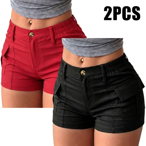Pack of 2 women’s summer cargo shorts featuring a button waist and large pockets; available in multiple colors. Suitable for everyday casual wear in summer.