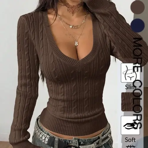 Elegant V-Neck Cable Knit Sweater for Women, Soft and Stylish, Slim Fit, Casual and Fashionable, Versatile Knitted Top, Knitwear, New for Fall/Winter