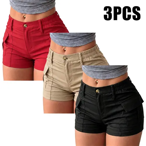 Pack of 3, new summer women’s cargo shorts—two-pocket trousers with multiple pockets on both sides and a button waist; stylish, youthful, and highly versatile.