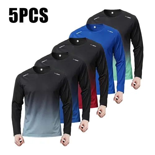 Men's 5-Pack Gradient Crew Neck Long-Sleeve Athletic T-Shirts, Quick-Dry Breathable Moisture-Wicking Workout Tops, Suitable for All Seasons & Fitness Training