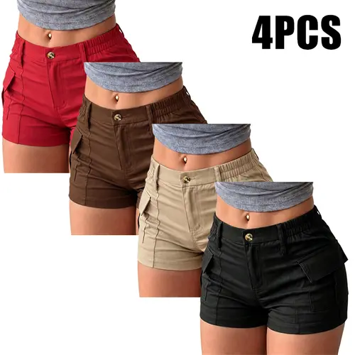 Pack of 4 women’s high-waisted cargo shorts for summer street style, featuring pocket details and a casual, fashionable design. Versatile everyday bottoms suitable for outdoor activities, shopping, dates, and casual streetwear occasions.