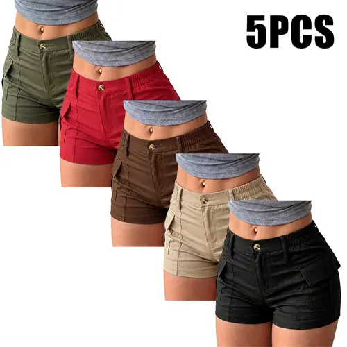 Pack of 5 women’s high-waisted cargo shorts with multiple pockets — lightweight polyester fiber, available in multiple colors; casual beach vacation style. Beach vacation shorts | multifunctional design | polyester shorts, high-waisted shorts