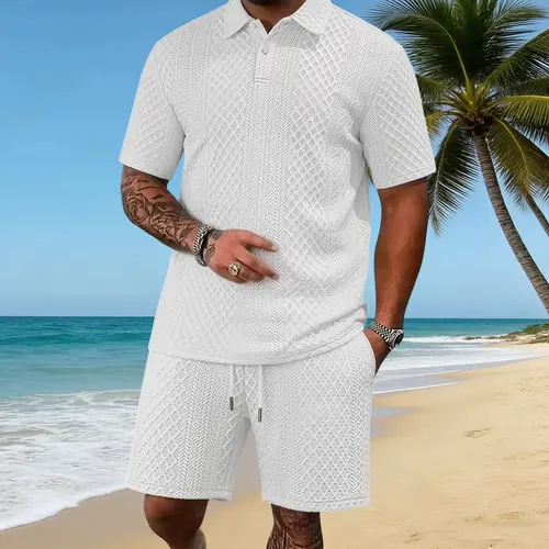 Men’s casual sports two piece set: short sleeve T shirt and drawstring shorts; regular fit top and bottoms suitable for spring and summer.