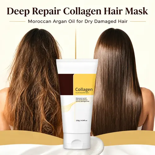 Collagen & Moroccan Argan Oil Hair Mask 120g - Deep Repair Conditioning Treatment for Adults' Curly/Wavy/All Types Dry, Bleached, Heat-Damaged Hair, Anti-Frizz, Smooth Split Ends, Restore Silky Shine