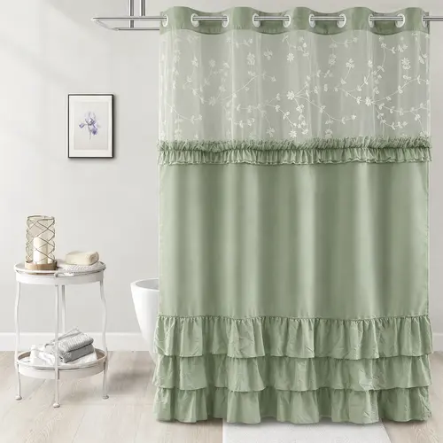 Green Elegant Hookless Ruffle Shower Curtain with Embroidered Sheer Top, Dual Removable Waterproof Panels, Machine Washable Bathroom Curtain，71*74 IN