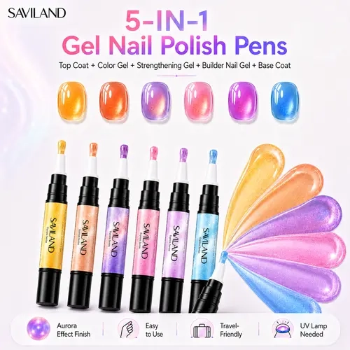 【Buy 1 Get 1 Free】SAVILAND 5-in-1 Gel Nail Polish Pen – Base, Color & Top Coat All-in-One with Aurora Effect, Easy UV/LED Curing, Mess-Free Travel-Friendly Design for DIY Nail Art