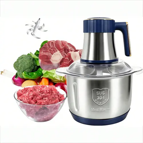 Stainless Steel 5-Speed Motor Electric Food Processor Grinder, 500W Home Kitchen Prep Tool with 20-Cup (5L) Capacity, 2 6-Blade Sets, Push Button, Quiet Rubber Rings, Easy to Clean for Dough Mixing, Meat Grinding, Nuts & Fruit Chop