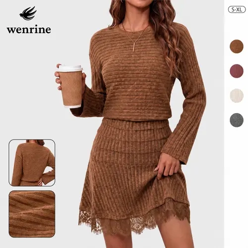 Wenrine Women's Minimalist Ribbed Knitted Pullover Dress - Crew Neck, Long Sleeves, A-Line Midi, Elastane-Viscose Blend, Lace Hem, Bodycon-Friendly Elegant Casual Womens Dresses for Fall-Winter,sohochic