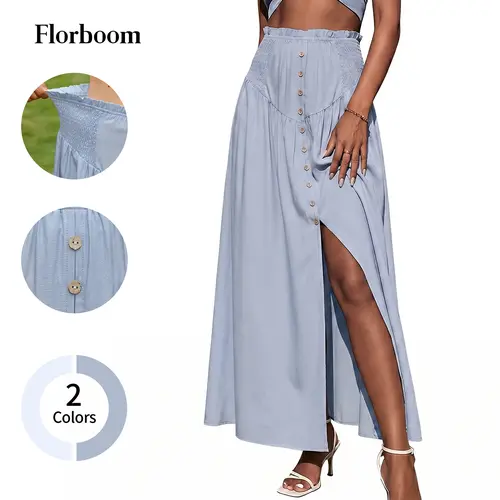 Florboom Women's High Waisted Maxi Skirt, Smocked Elastic Waist Button Front Split Flowy Skirt, Boho A-Line Long Skirt for Beach Vacation Resort Summer Casual Daily Wear