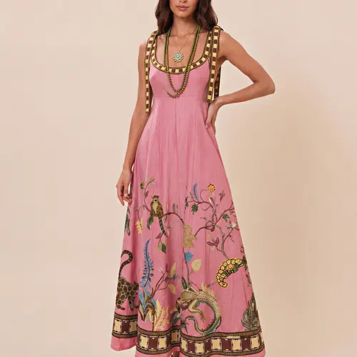 LikeMyChoice 2026 Boho Jungle Animal Print Maxi Dress Pink Sleeveless Square Neck Vacation Flowy Long Dress Beach Resort Outfit