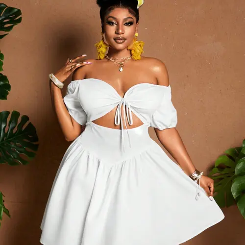 Plus Size Women's Off Shoulder Summer Beach Dress, Cut Out Tie Front A Line Vacation Elegant Curvy Dress, A Line Dresses