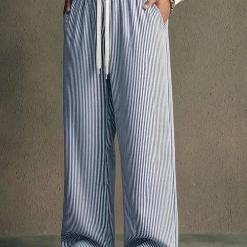 Men's High Cotton Vertical Striped Wide Leg Pants, Elastic Contrast Drawstring Waist Loose Straight Trousers, Lightweight Breathable Wrinkle Free Side Pocket Casual Streetwear Palazzo Pants for Summer Vacation Daily Walking Office Outfits