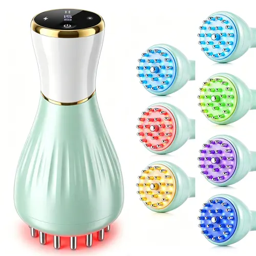 Handheld Electric Body Massager with 7-Color LED Light Therapy, Microcurrent, Heat Function, Metal Contact Prongs, Adjustable Rechargeable Batteries for Body Care, Relaxation Aid & Leg Pain Relief