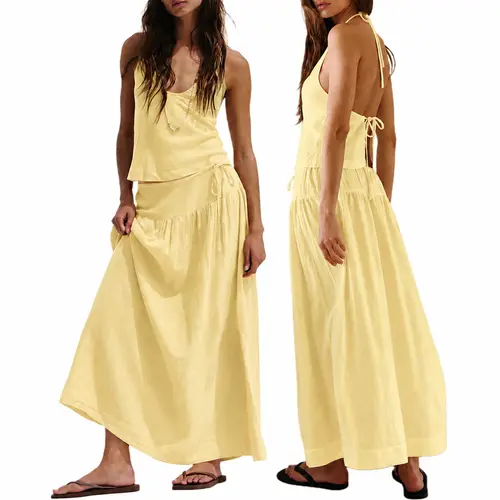 Buenoble Sandshell Linen Skirt Set Women’s 2 Piece Halter Top Flowy Maxi Skirt, Backless Summer Outfit, Beach Vacation Resort Matching Set
