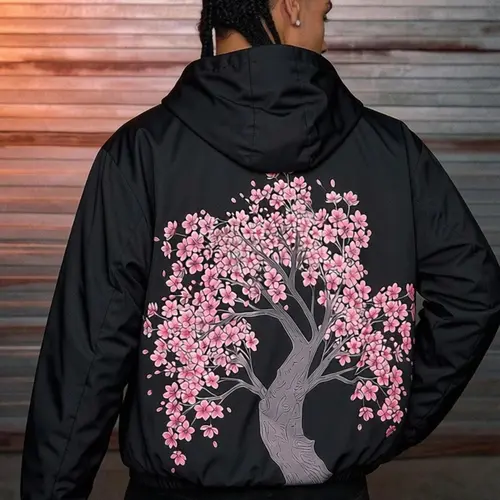 Men's Lightweight Zip Up Hooded Windbreaker Jacket, Big Back Cherry Blossom Tree Graphic Print Elastic Cuff Hem Loose Fit Bomber Coat, Hip Hop Japanese Aesthetic Streetwear Casual Outerwear with Side Pockets for Spring Fall Daily Street Fashion Outfits