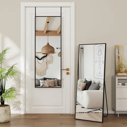 ANTOK 49x14 in Modern Slim Profile Full Body Mirror, Over-the-Door Wall-Mounted No-Drill Space-Saving Mirror with Adjustable Hooks, Black Aluminum Frame for Bedroom, Dorm, Home Reflections, Wall Hanging