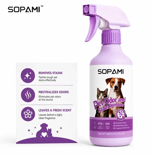 SOPAMI Pet Odor Eliminator & Stain Remover Spray - Powerful Urine Cleaner for Carpet, Sofa, Home Surfaces, Effective for Dog & Cat Smells