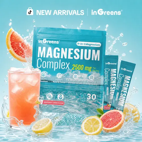 INGREENS 11-in-1 Magnesium Complex Mineral Supplements Powder - GMP-Certified, Non-GMO, Gluten-Free, No Sugar Dietary Supplement for Cortisol Support, Caffeine Reset, 30 Servings Grapefruit Lemon Flavor, Zero Sugar