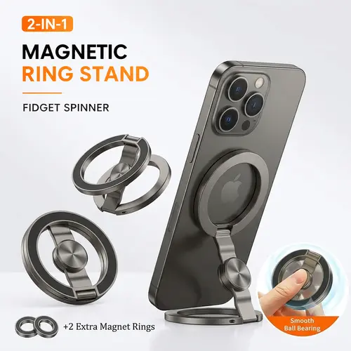 2PCS Foldable Metal Double-Sided Magnetic Fidget Spinner Smartphone-Cellphone Ring Stand Accessories - Heavy-Duty Zinc Alloy Kickstand, Compact Desk Phone Holder, Landscape View, Magnetic Mount for Car, Gray+Gold w/2 Extra Magnet Rings