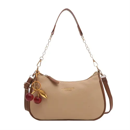 Women's Pebbled Faux Leather Fashion Crossbody Handbag - Cute Mini Baguette with Adjustable & Chain Straps, Cherry Charm, Shoulder Bag, Messenger Bag, Casual Everyday Accessory