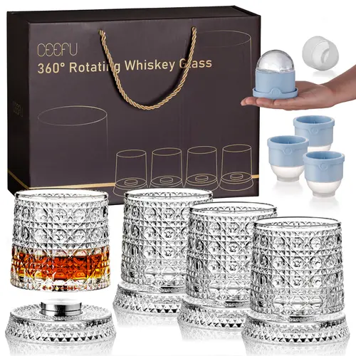 2-Pack/4-Pack 9.57oz (280ml) Diamond Cut Spinning Crystal Whiskey Glasses with Rotating Base, 4 Ice Ball Molds, Gift Box, 360° Spinning Experience, Stress Relief Tumbler for Cold Beverages, Home Bar Gift for Whiskey Lovers