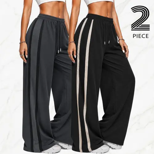 Women's Casual Striped Wide-Leg Pants (Set of 2) - Elastic Waistband, Pockets, Loose-Fitted Design, Suitable for Yoga, Outdoor Commuting.Summervibes