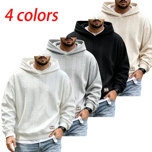 Men's Plain Preppy Drop-Shoulder Hooded Sweatshirt - Textured Jacquard Fabric Pull-On Pullover, Casual Long-Sleeve Menswear for New Year Outdoor Use, Drop Shoulder Sleeve Men's Hoodies, XL