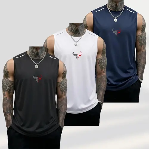 Men's 3-Pack Bull Print Sleeveless Polyester Vests, Breathable Fitness Exercise Wear Active Top for Summer Gym Bodybuilding, Male Clothing (Black+Light Gray+Red)