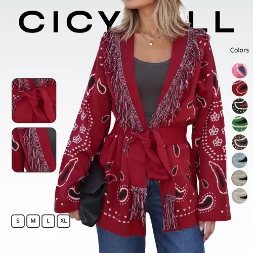Cicy Bell sohochic Womens Cardigan Sweater Long Sleeve Fringe V Neck Printed Open Front Boho Patchwork Bleted Knit Coats