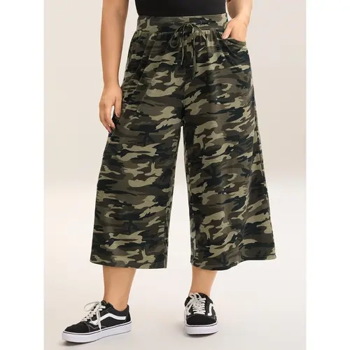 BloomChic Camouflage Tie-Waist Wide-Leg Capri Pants 【M-6XL】