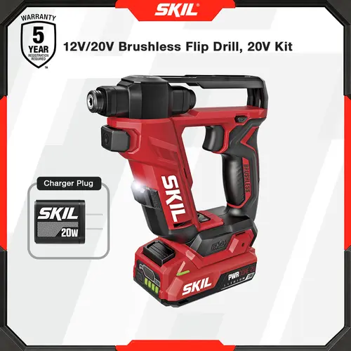 SKIL PWR CORE 20 Brushless 20V Flip Drill Driver Kit for Driving - Construction Tool with Double Collet Flip Head, Torque Settings, Magnetic On-board Storage, Belt Clip, Drill Mode, 2.0 Ah USB-C Battery & Charger