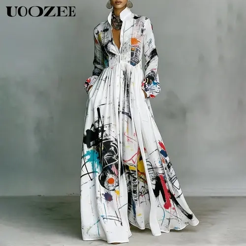 UOOZEE Women's Modest Smart Casual Abstract Tropical Graphic Silky Polyester Long-Sleeve Button-Front Maxi Shirt Dress with Pockets, Elastic Details - Flat Style Garment for Party, Bag & Hoop Accent Compatibility