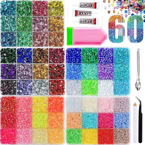 60 Colorful Ab Rhinestone Storage Set, Multi-Color, DIY Craft Kit, Includes Tweezers, Tray, Pliers, Dot Pen & Rhinestone Tray, Perfect for Nail Art, Gifts, Nail Art Supplies