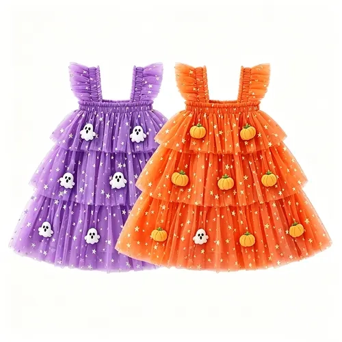Toddler Baby Girl Halloween Tulle Dress Pumpkin/Ghost Fly Sleeve A-line Layered Dress