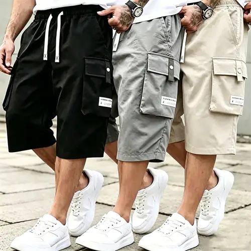 Men's Baggy Cargo Shorts with Pockets, Stylish Straight-Leg Menswear, Summer Hot Weather Ice Fiber Knee-Length Lightweight Bottoms, Pocket