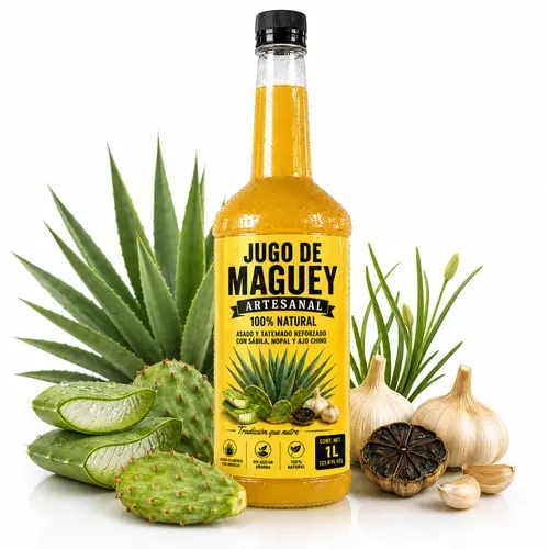 Jugó de Maguey PREMIUM Artesanal 33 Fl Oz (1 Lt) - Maxima Calidad de Exportacion -  100% Natural Reinforced with Sábila Nopal and Ajo Chino Strong Flavor Beverage Syrup